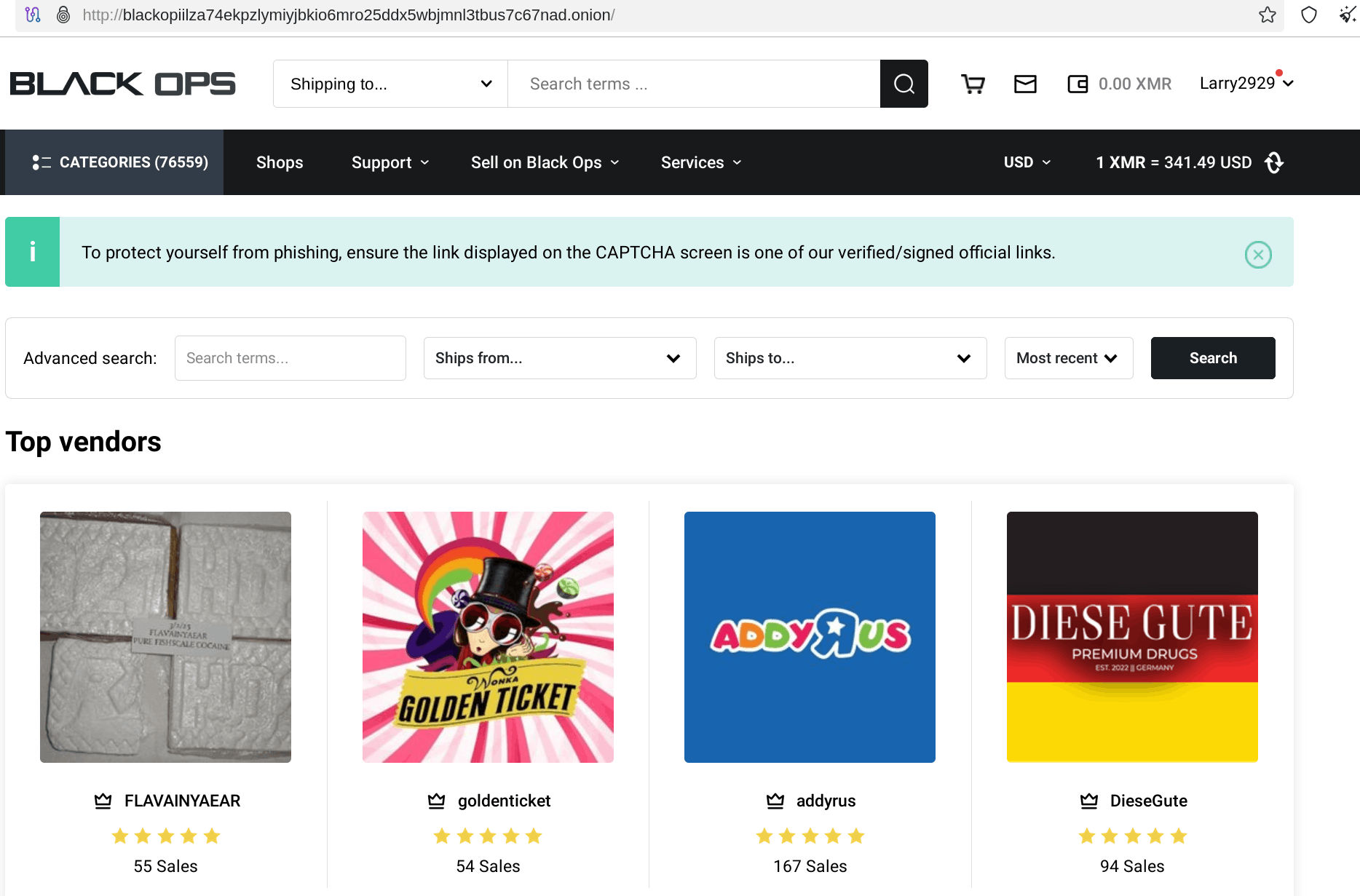 Black Ops Market product listings with search filters and vendor ratings