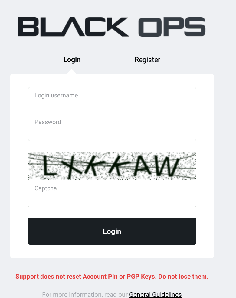 Black Ops Market login interface showing secure authentication