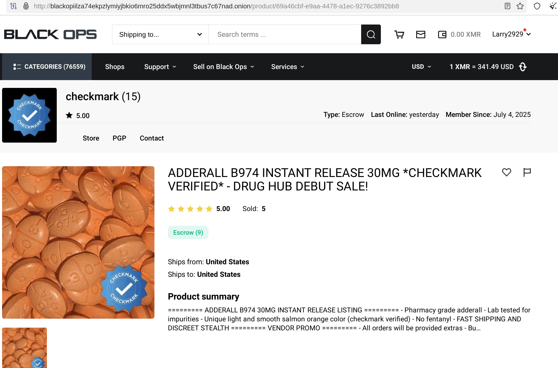 Black Ops Market product page with detailed vendor information